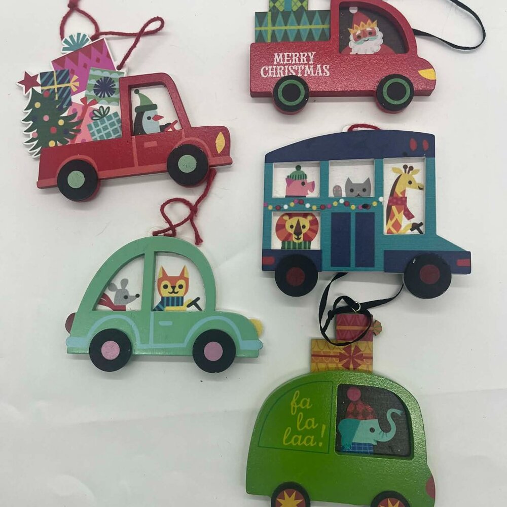 Set of 5 Target Wondershop Wood Cars with Gifts Christmas Tree Ornament VGUC